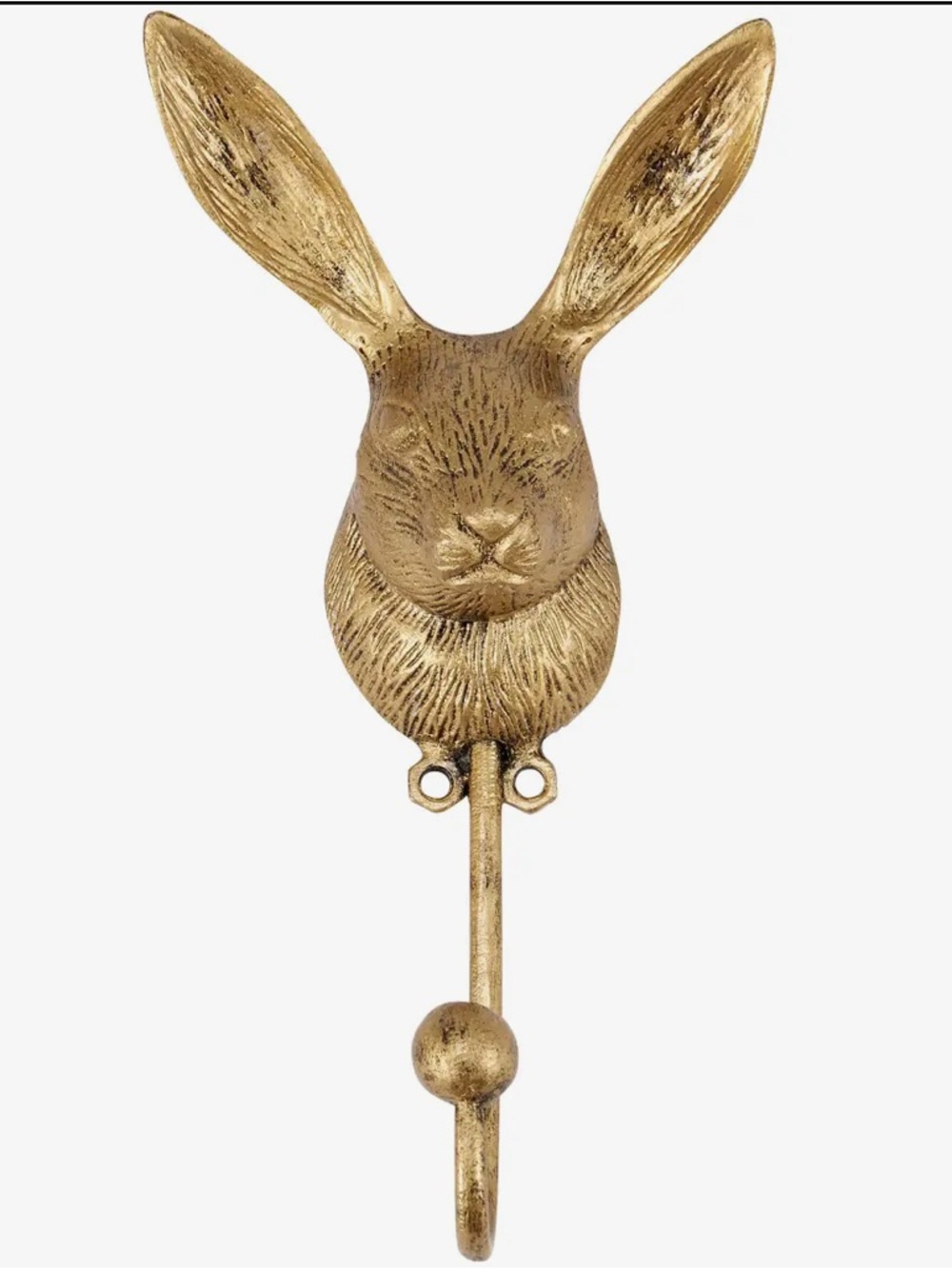 Primitive Brass-Look Rabbit Head Wall Hook in Antiqued Gold and Green Patina